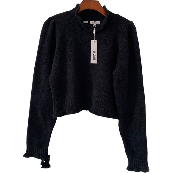 NWT 525 AMERICA BLACK HIGH NECK FUZZY CROPPED SWEATER SIZE LARGE - Picture 1 of 8